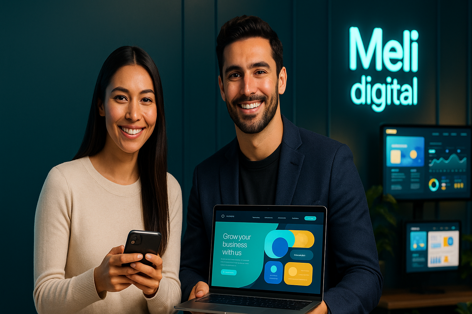 Homem e Mulher com computador e celular na Agencia Meli Digital