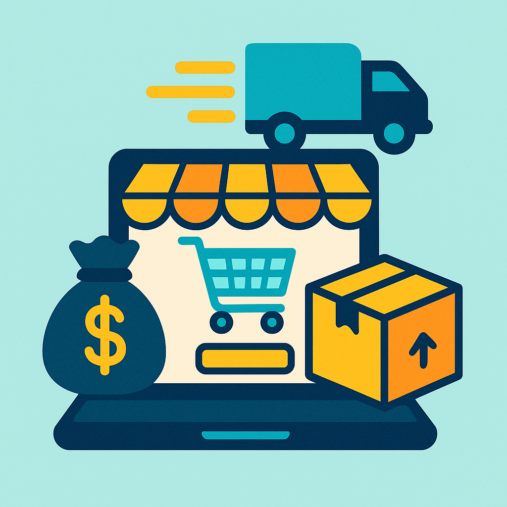 Ícone colorido de dropshipping com laptop, carrinho de compras, caminhão de entrega, caixa de produto e símbolo de dinheiro, representando um e-commerce sem estoque.