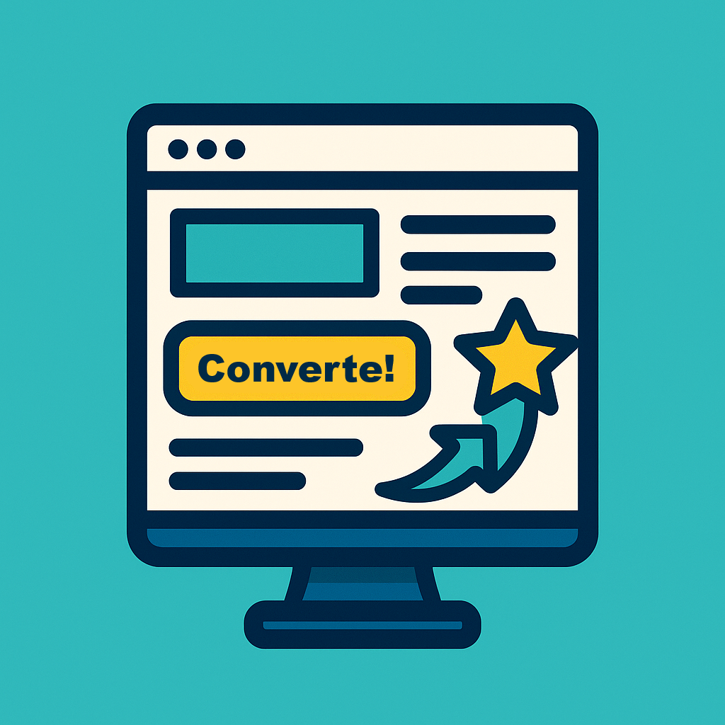 Ícone vetorial em estilo flat de uma landing page com botão amarelo "Converte!", exibido em um monitor, sobre fundo azul-turquesa. Design limpo e moderno, focado em conversão.