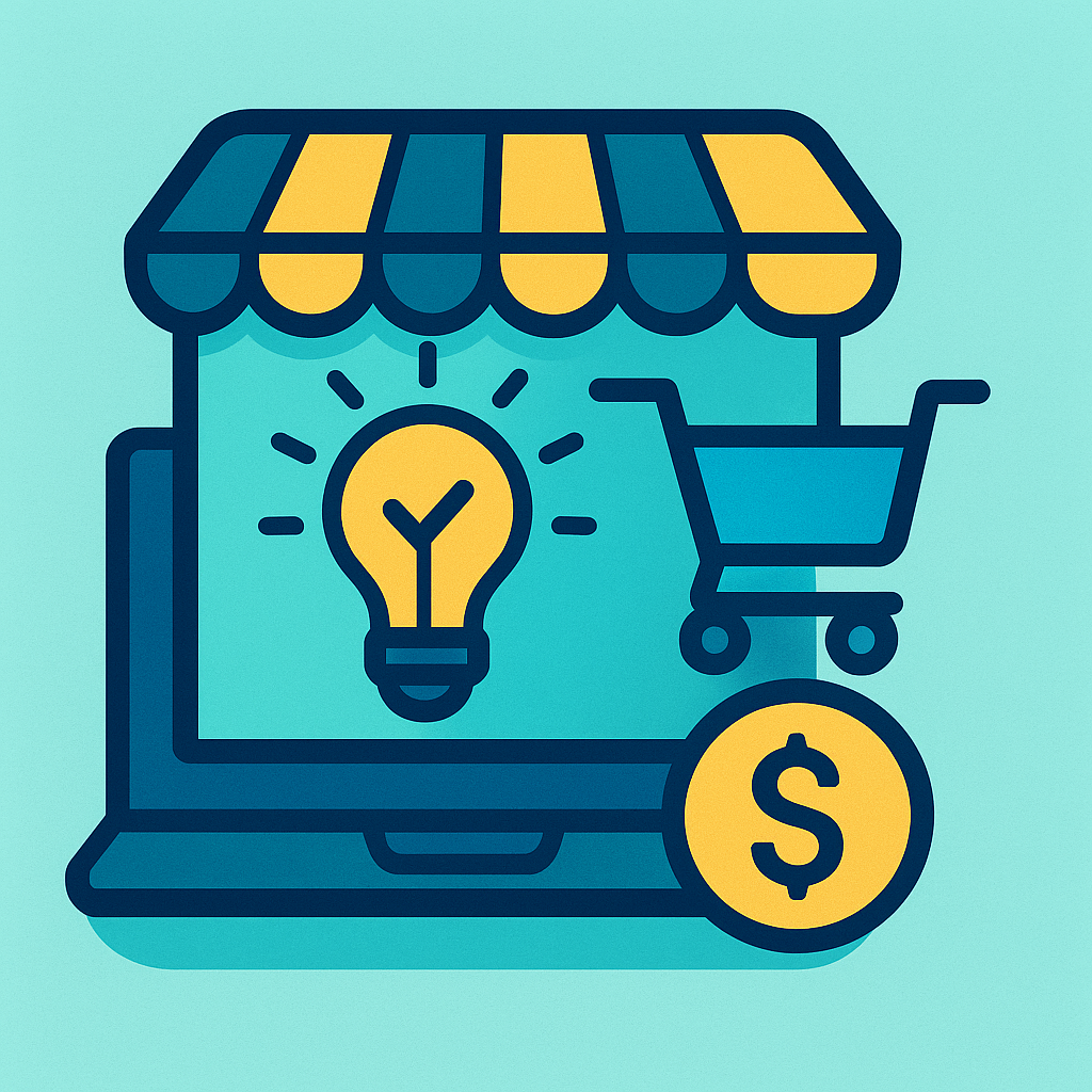 Ícone colorido de loja virtual com notebook, lâmpada de ideia, carrinho de compras e símbolo de moeda, simbolizando a criação de e-commerce profissional.
