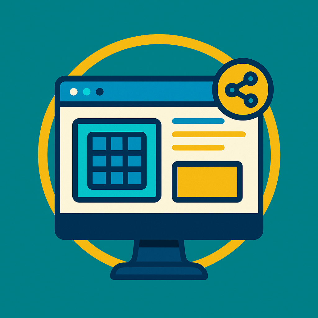 Ícone vetorial de um portal digital exibido em um monitor, com elementos de interface web, botões de navegação e símbolo de compartilhamento em cores azul, ciano, dourado e teal.