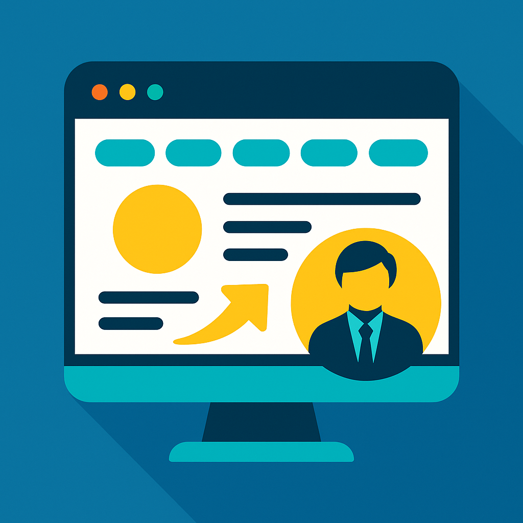 Ícone vetorial mostrando um site profissional em um monitor com elementos de navegação, perfil empresarial e seta de crescimento, simbolizando presença digital e performance online.