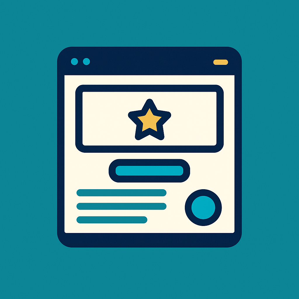 Ícone vetorial plano de uma página única de site (One Page) exibida em uma tela, com elementos de destaque como estrela dourada, botões turquesa e fundo contrastante em azul-petróleo, simbolizando um design moderno e responsivo.