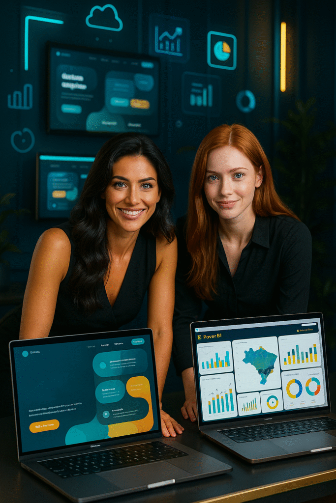 Profissionais sorridentes em agência Meli digital, trabalhando com notebook. Uma morena e uma ruiva analisam um site colorido e um painel do Power BI com gráficos e mapas do Brasil. Ao fundo, parede azul com luzes neon e hologramas flutuantes.