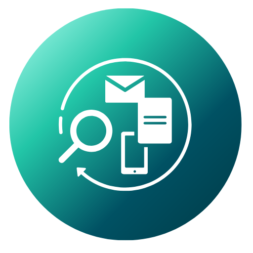 Ícone com lupa, smartphone, envelope e documento conectados por setas circulares, simbolizando acompanhamento contínuo, suporte à mudança cultural e treinamentos práticos para equipes.