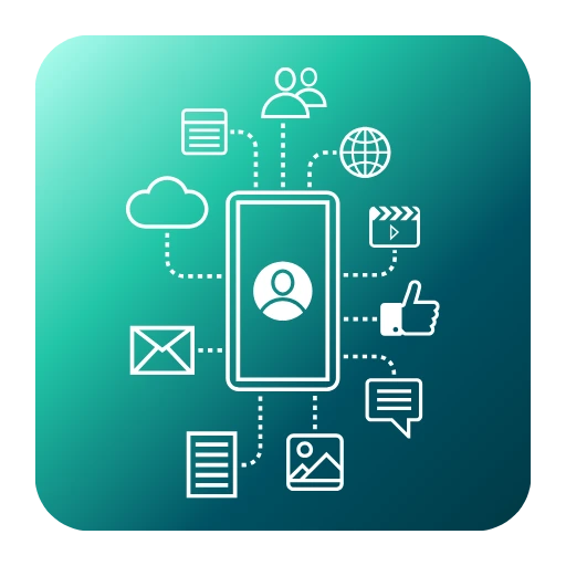 Ícone de aplicativo de gestão empresarial integrado com automação de processos, conectando comunicação, nuvem, mídia, documentos e usuários em fundo degradê verde.