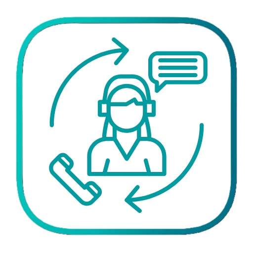 Ícone vetorial de atendimento ao cliente, representando uma operadora com headset, setas circulares e balão de diálogo, simbolizando suporte, comunicação e interação contínua por telefone e chat online.