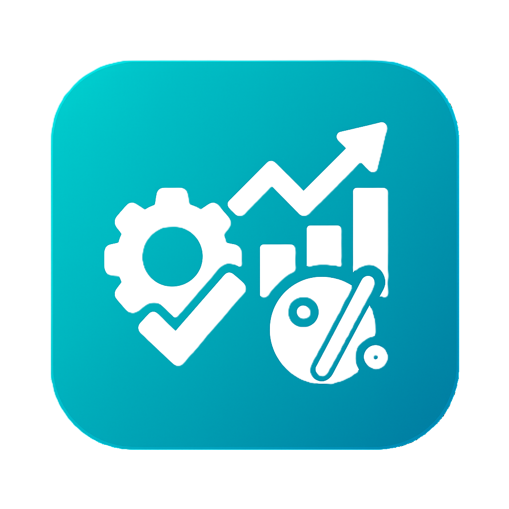 Ícone vetorial digital azul em degradê, com engrenagem, marca de verificação, seta ascendente, gráfico de barras e símbolo de porcentagem, simbolizando SEO técnico, conversão otimizada e estratégias IA-First SEO.